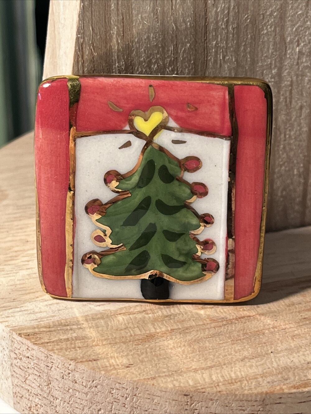 Handpainted Vtg Artisan Handmade Ceramic Enamel 1.5” Square Christmas Tree Pin